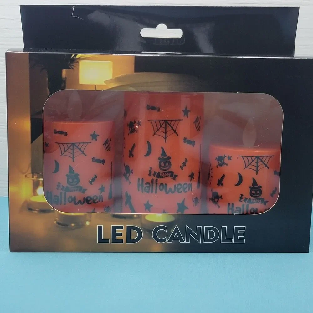 Halloween Flameless Candles Set of 3 Flickering LED Battery Orange 3-4.5